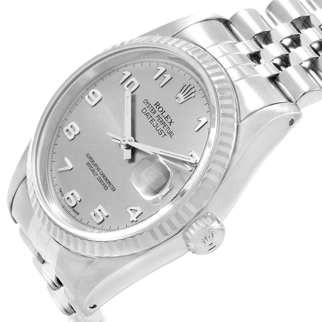 The image displays an angled view of a Rolex Datejust 16234 Men
s Stainless Steel Silver Dial 16234 Men
s Stainless Steel Silver Dial, showing the dial, bezel, crown, and part of the bracelet.