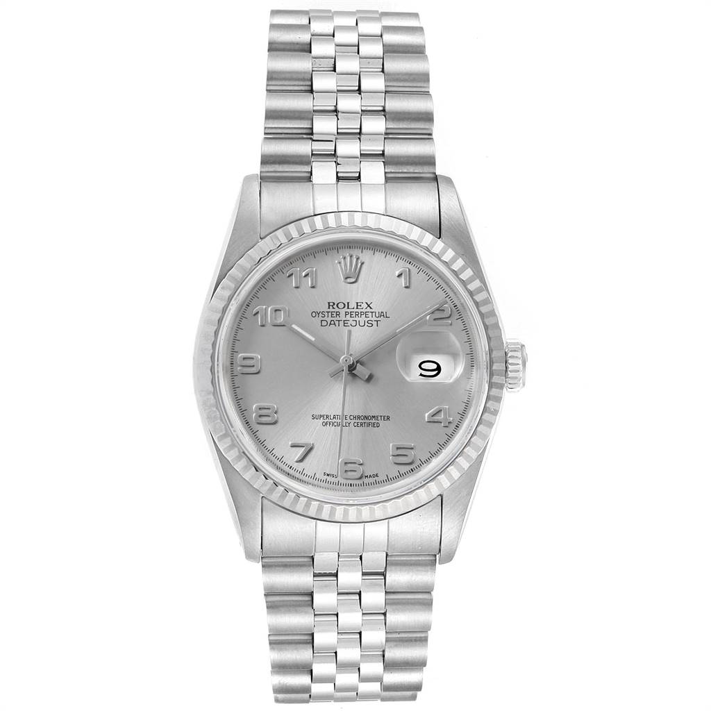 The image shows a front view of a Rolex Datejust 16234 Men
s Stainless Steel Silver Dial 16234 Men
s Stainless Steel Silver Dial watch, highlighting its face, bezel, and bracelet.