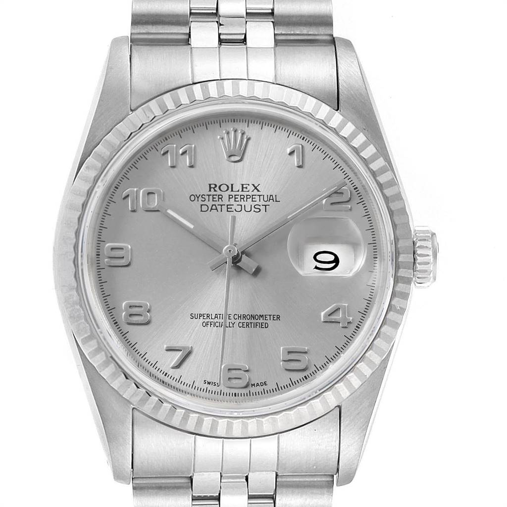 This image shows a close-up, top-down view of a Rolex Datejust 16234 Men
s Stainless Steel Silver Dial 16234 Men
s Stainless Steel Silver Dial watch displaying its dial, bezel, and partial bracelet.