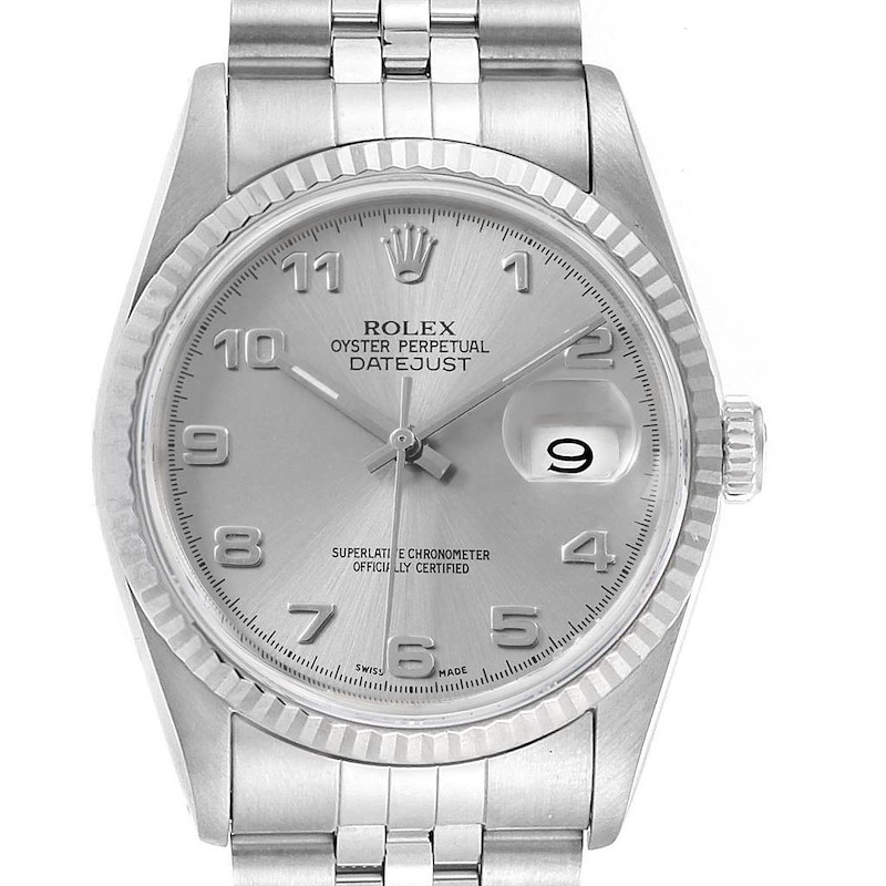 Rolex Datejust 36 Steel White Gold Silver Arabic Dial Mens Watch 16234 SwissWatchExpo