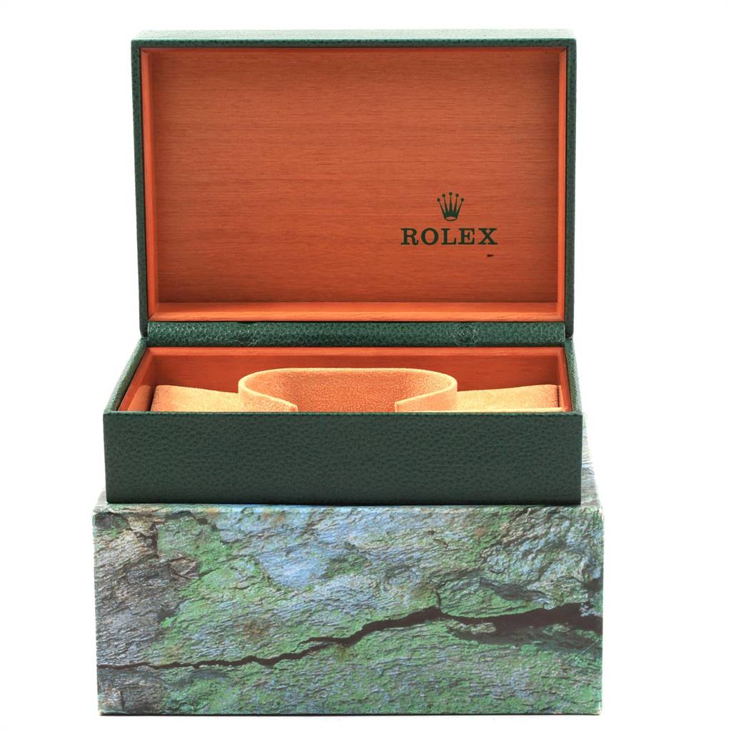 This image shows a Rolex Datejust 16234 Men
s Stainless Steel Silver Dial 16234 Men
s Stainless Steel Silver Dial watch box, opened to display its inner compartments and cushion.