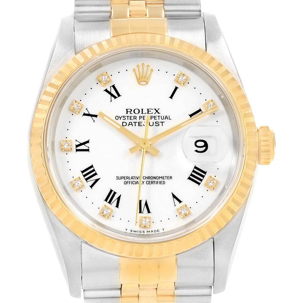 This image shows the front view of the Rolex Datejust 16233 Men's Steel and Gold (two tone) White Dial 16233 Men's Steel and Gold (two tone) White Dial watch, displaying its face, bezel, and part of the bracelet.