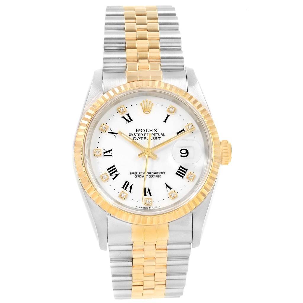 This is a frontal view of a Rolex Datejust 16233 Men's Steel and Gold (two tone) White Dial 16233 Men's Steel and Gold (two tone) White Dial showcasing the dial, bezel, and bracelet.