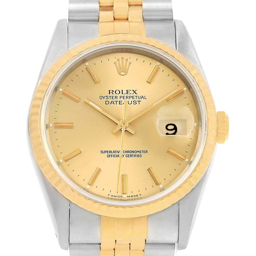 The image shows a front view of a Rolex Datejust 16233 Men's Steel and Gold (two tone) Champagne Dial 16233 Men's Steel and Gold (two tone) Champagne Dial watch featuring a gold face, two-tone band, and date magnifier.