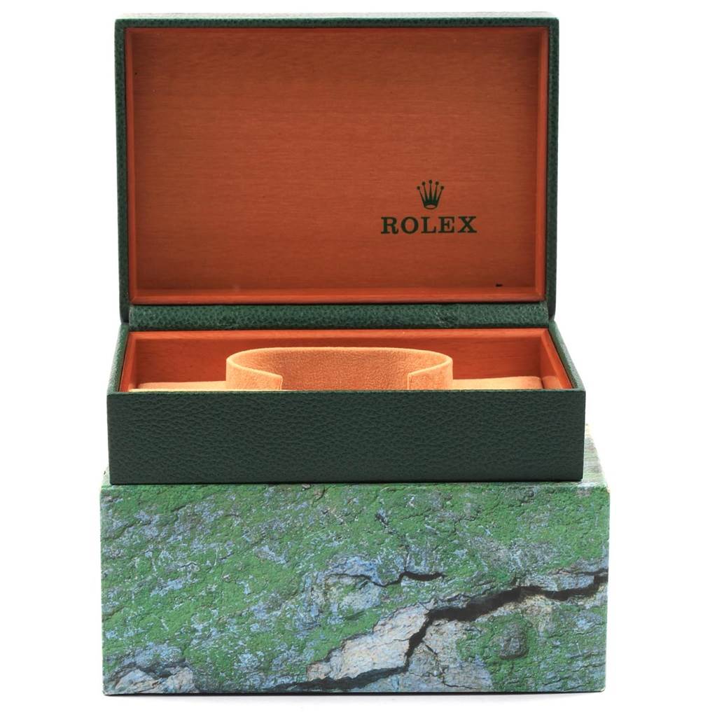 The image shows an open Rolex Datejust 16233 Men's Steel and Gold (two tone) Champagne Dial 16233 Men's Steel and Gold (two tone) Champagne Dial watch box from a front angle, with an insert for the watch visible.