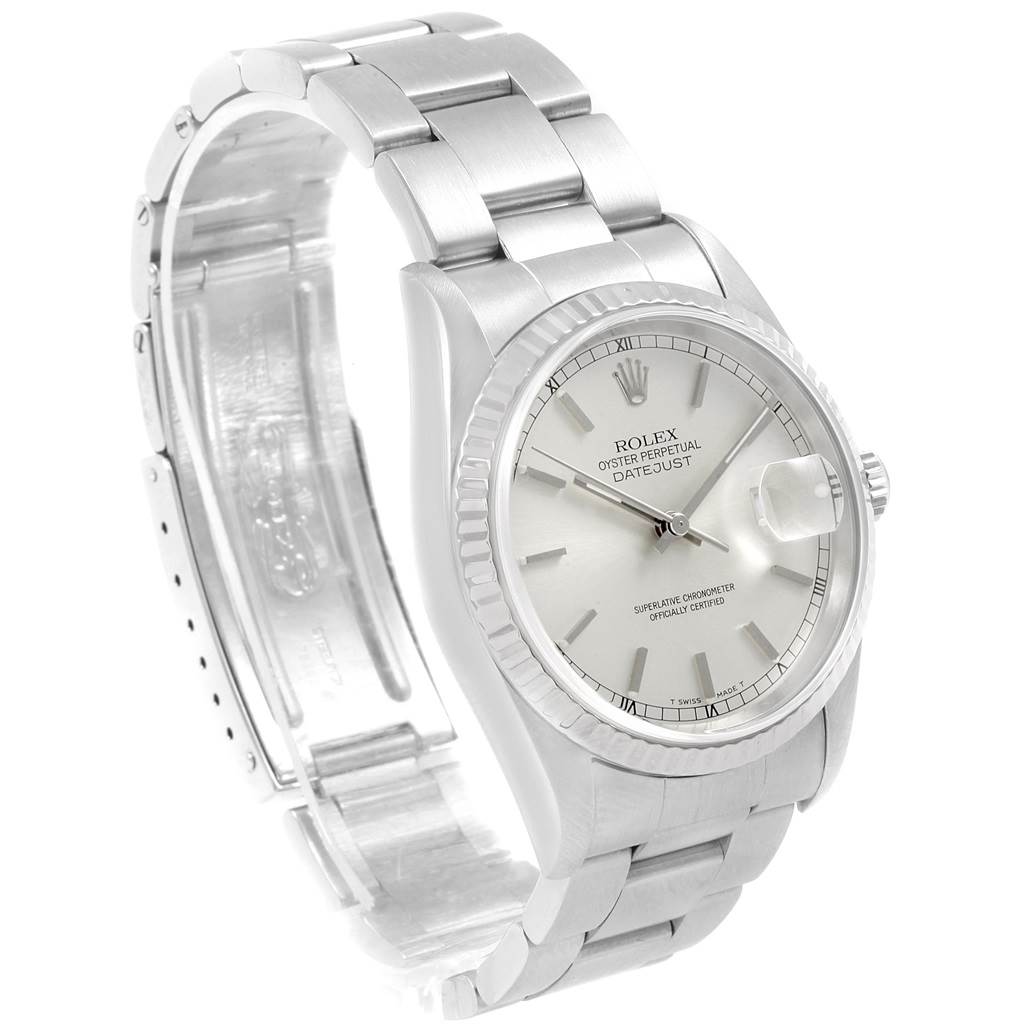 The image shows a side and front angle of a Rolex Datejust 16234 Men
s Stainless Steel Silver Dial 16234 Men
s Stainless Steel Silver Dial watch, displaying the dial, case, bezel, and bracelet.