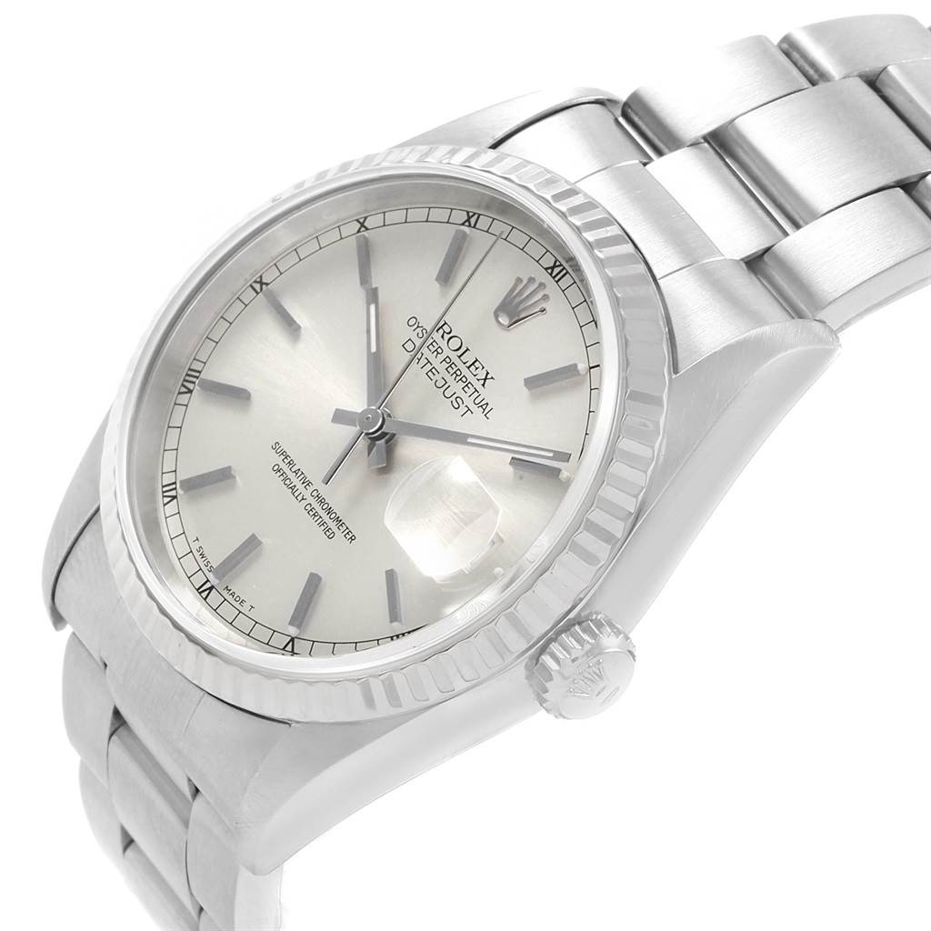 The image shows a close-up angled view of the dial, bezel, crown, and part of the bracelet of a Rolex Datejust 16234 Men
s Stainless Steel Silver Dial 16234 Men
s Stainless Steel Silver Dial watch.