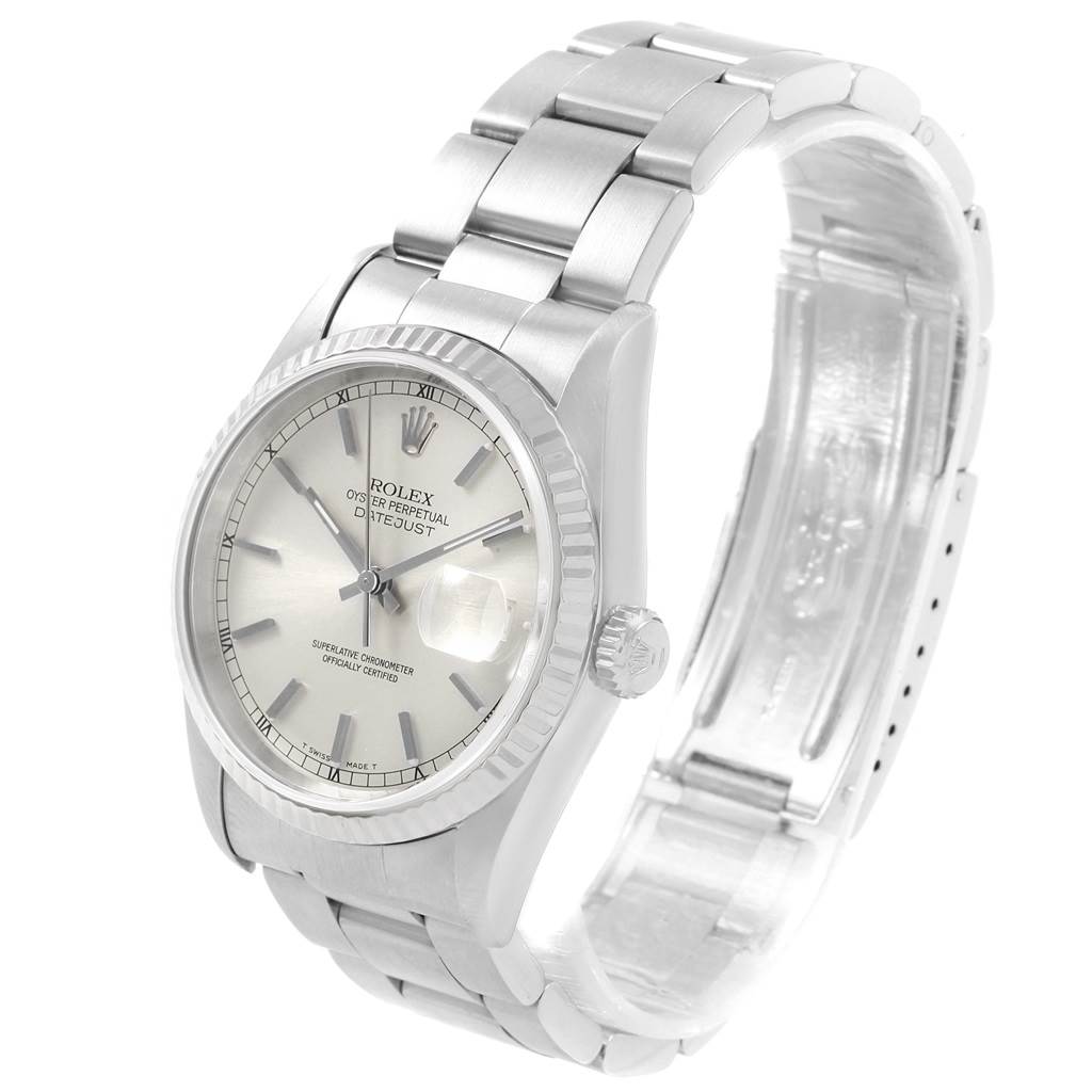 The image shows a Rolex Datejust 16234 Men
s Stainless Steel Silver Dial 16234 Men
s Stainless Steel Silver Dial watch angled to display the face, bezel, and part of the bracelet.