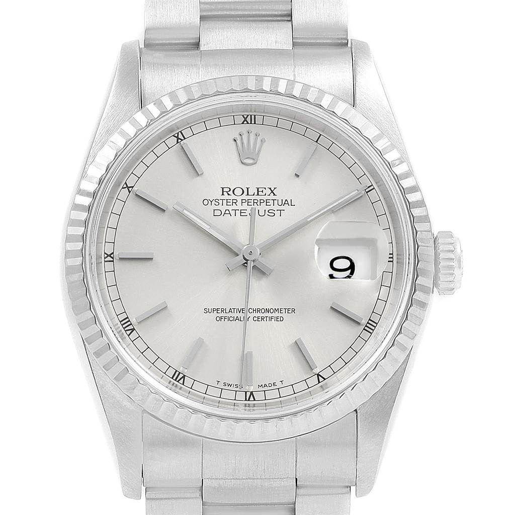 The image shows a front view of the Rolex Datejust 16234 Men
s Stainless Steel Silver Dial 16234 Men
s Stainless Steel Silver Dial watch, featuring its dial, bracelet, and crown.