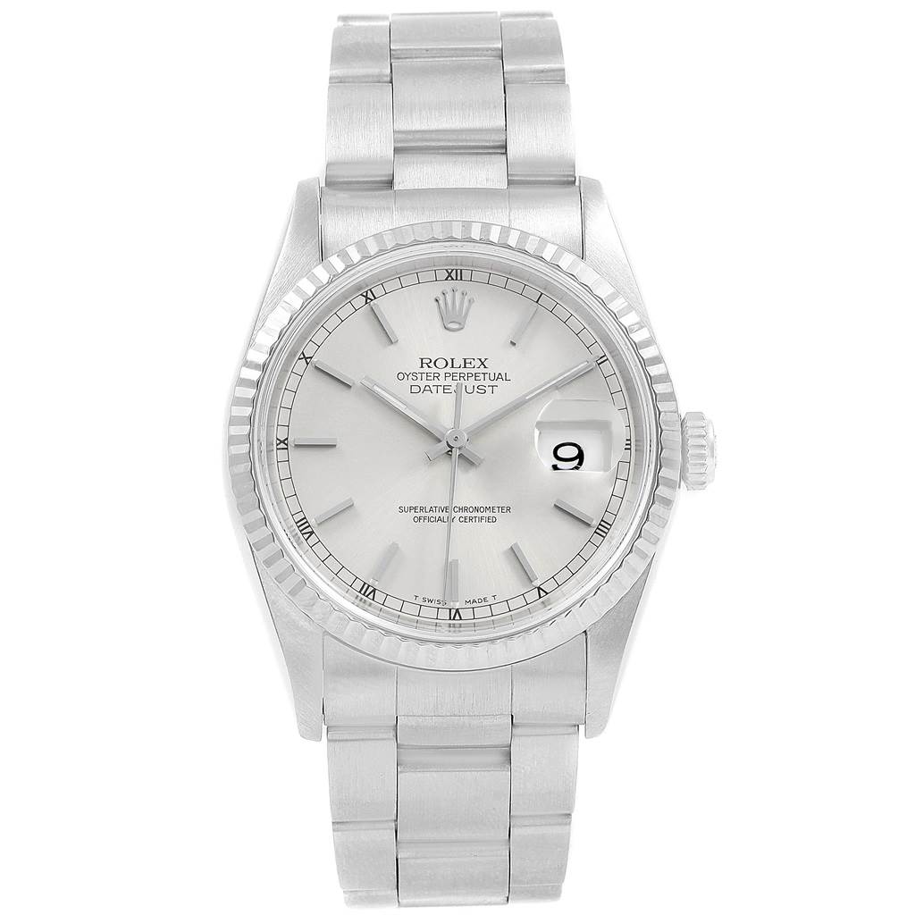 The image shows a Rolex Datejust 16234 Men
s Stainless Steel Silver Dial 16234 Men
s Stainless Steel Silver Dial watch from a front view, displaying the dial, bracelet, bezel, and date window.