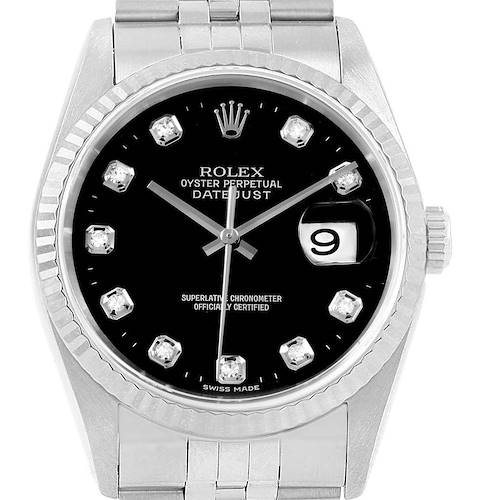 The image shows a front view of the Rolex Datejust watch, highlighting the black dial, diamond hour markers, and date window.