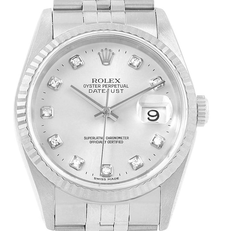 Rolex Datejust Steel White Gold Silver Diamond Dial Mens Watch 16234 SwissWatchExpo