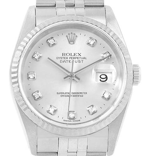 The image shows a front view of the Rolex Datejust watch, displaying the dial, bezel, and bracelet.