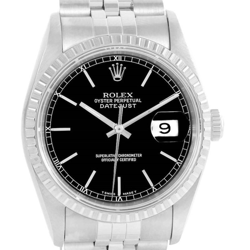 Rolex Datejust Black Dial Jubilee Bracelet Steel Mens Watch 16220 SwissWatchExpo