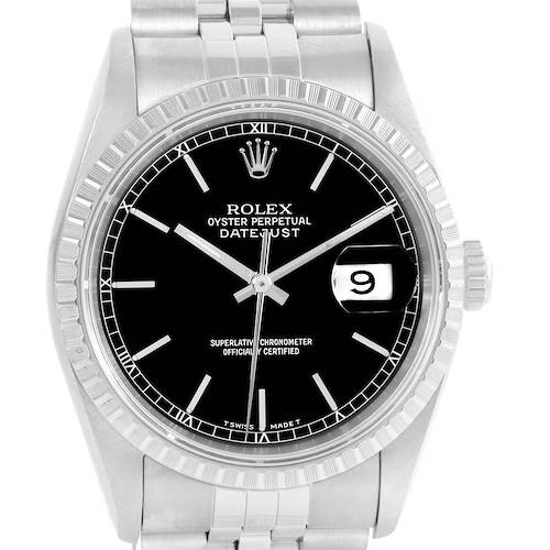 The Rolex Datejust watch is shown from the front angle, displaying the dial, bezel, crown, and bracelet.