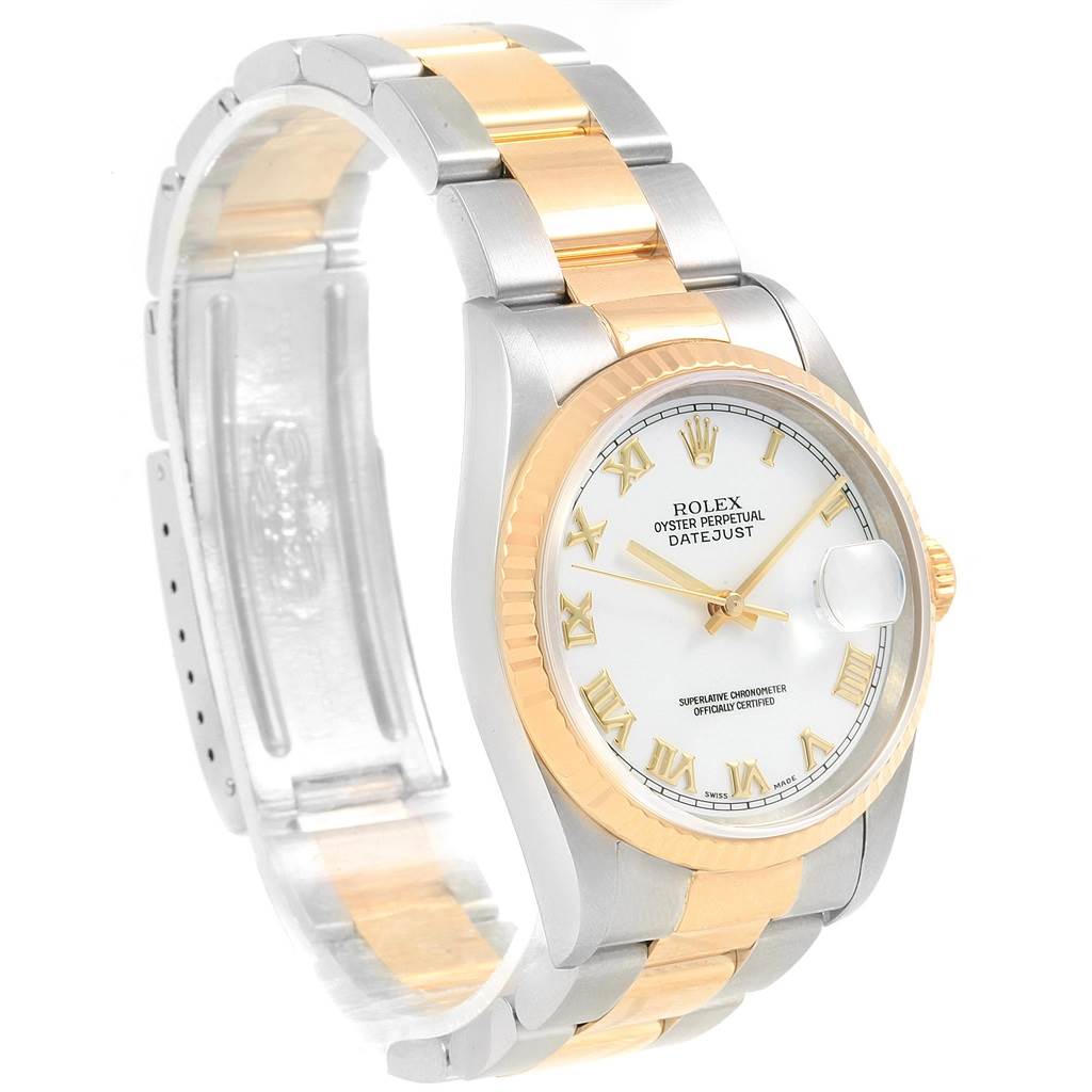 This image shows a Rolex Datejust 16233 Men's Steel and Gold (two tone) White Dial 16233 Men's Steel and Gold (two tone) White Dial watch angled from the front-left, highlighting the dial, bracelet, bezel, and crown.