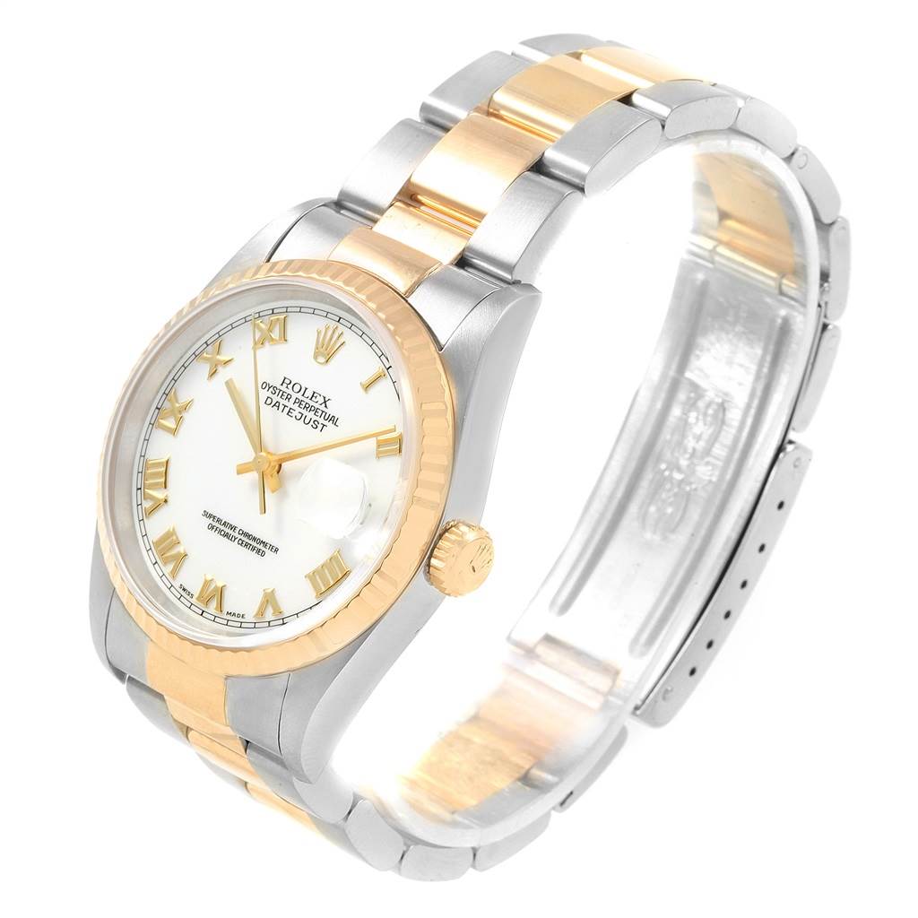The Rolex Datejust 16233 Men's Steel and Gold (two tone) White Dial 16233 Men's Steel and Gold (two tone) White Dial watch is shown at a slightly tilted angle, displaying the face, bezel, and part of the bracelet.