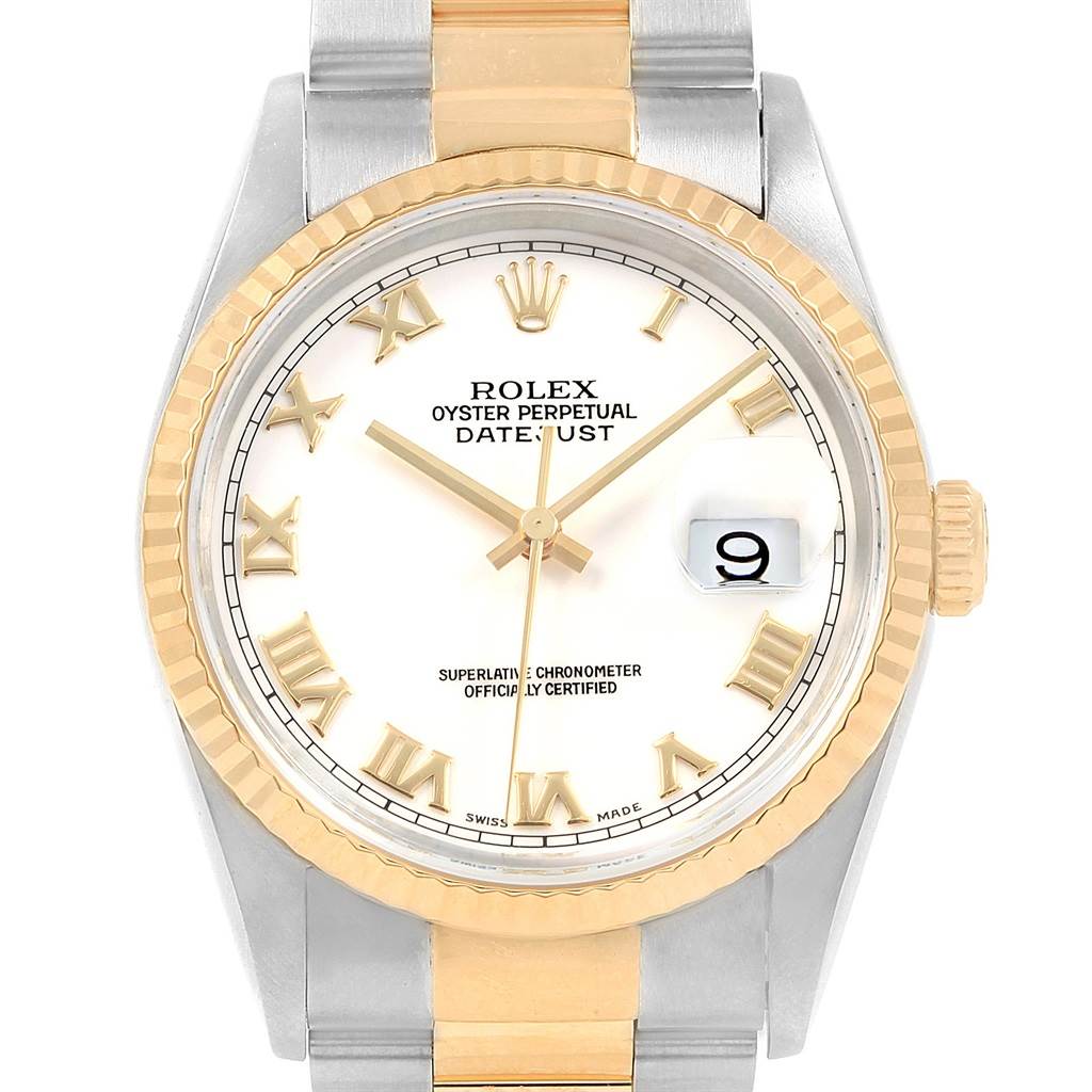 The image shows a front view of a Rolex Datejust 16233 Men's Steel and Gold (two tone) White Dial 16233 Men's Steel and Gold (two tone) White Dial watch featuring a two-tone band, gold fluted bezel, and a white dial with Roman numeral markers.