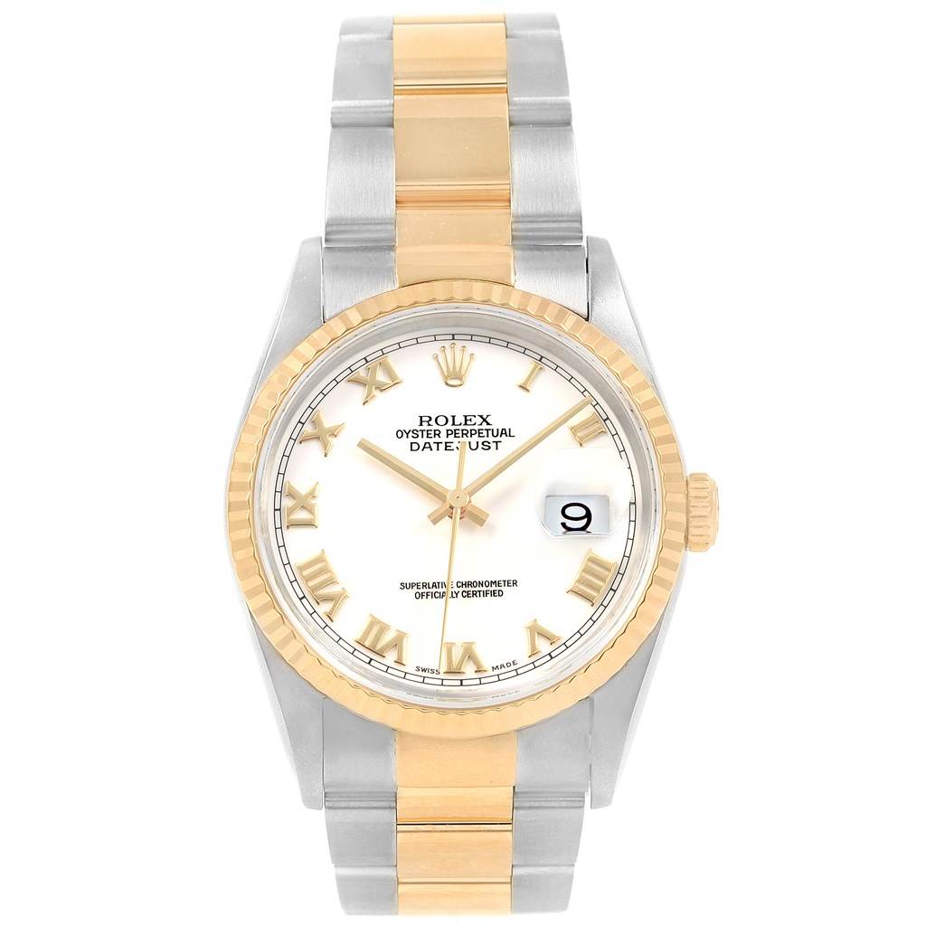 The image shows a frontal view of a Rolex Datejust 16233 Men's Steel and Gold (two tone) White Dial 16233 Men's Steel and Gold (two tone) White Dial watch, highlighting its two-tone bracelet, fluted bezel, and date window.