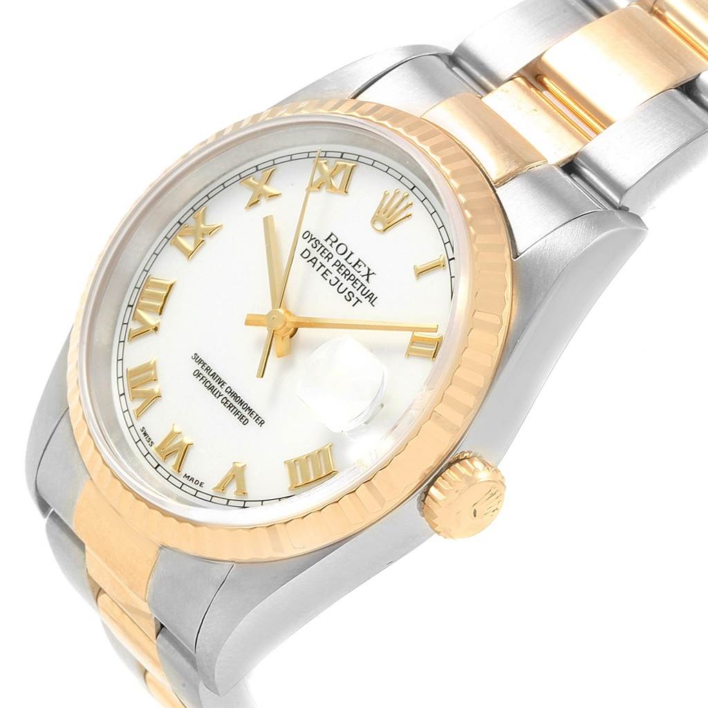 The image shows a Rolex Datejust 16233 Men's Steel and Gold (two tone) White Dial 16233 Men's Steel and Gold (two tone) White Dial watch at an angle highlighting the face, bezel, crown, and part of the bracelet.