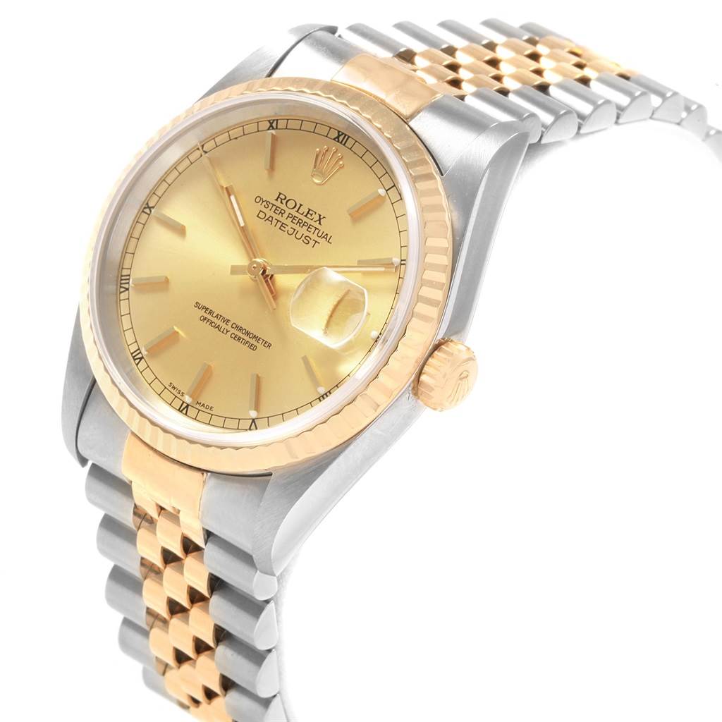 The Rolex Datejust 16233 Men's Steel and Gold (two tone) Champagne Dial 16233 Men's Steel and Gold (two tone) Champagne Dial watch is shown from a three-quarter angle, displaying the dial, bezel, crown, and two-tone bracelet.
