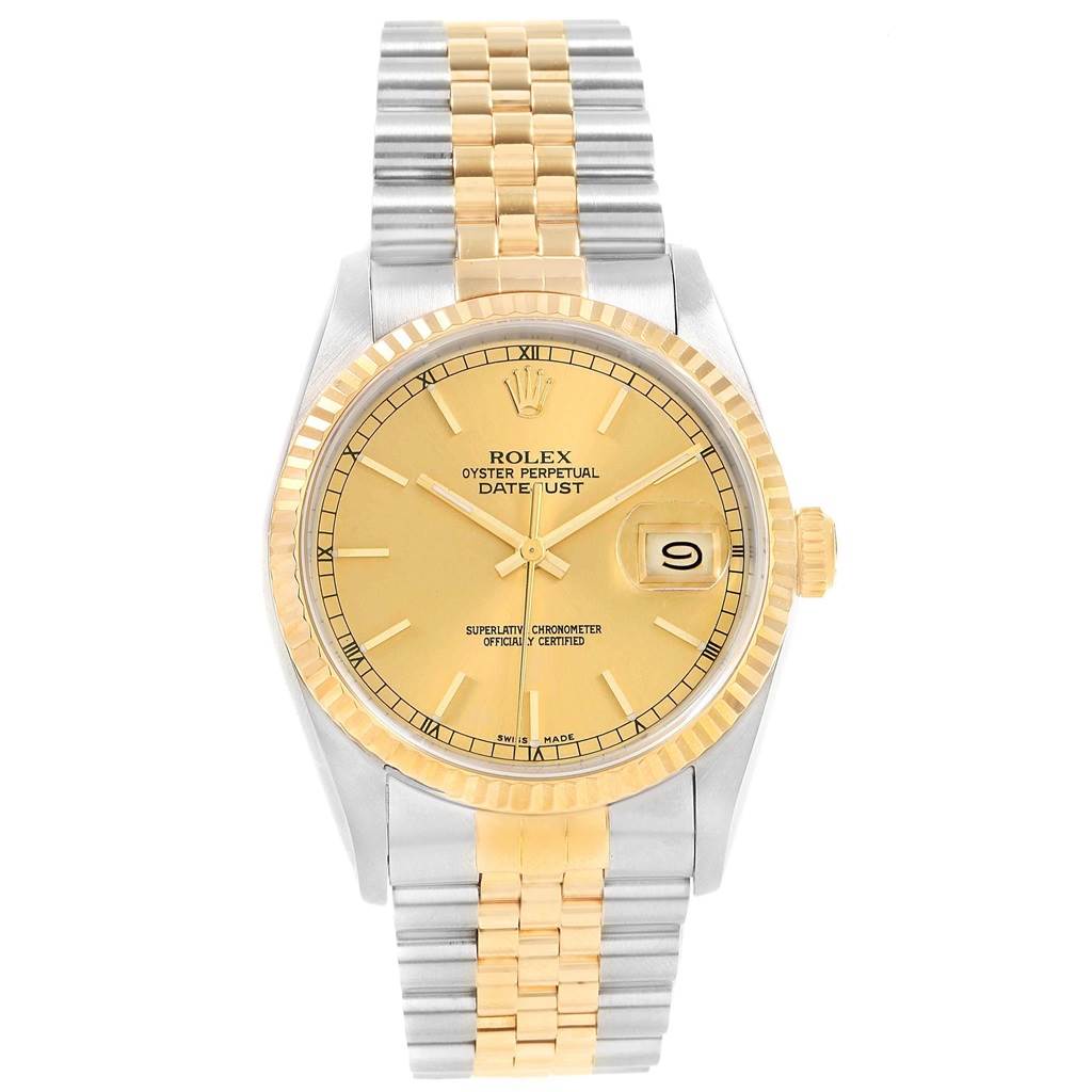 The Rolex Datejust 16233 Men's Steel and Gold (two tone) Champagne Dial 16233 Men's Steel and Gold (two tone) Champagne Dial watch is shown from the front, displaying the dial, bezel, and bracelet.