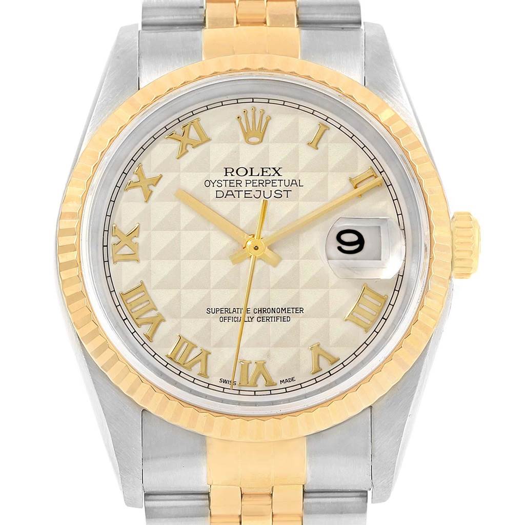 This image shows a front view of a Rolex Datejust 16233 Men's Steel and Gold (two tone) Beige Dial 16233 Men's Steel and Gold (two tone) Beige Dial watch, featuring its dial, bezel, and part of the bracelet.