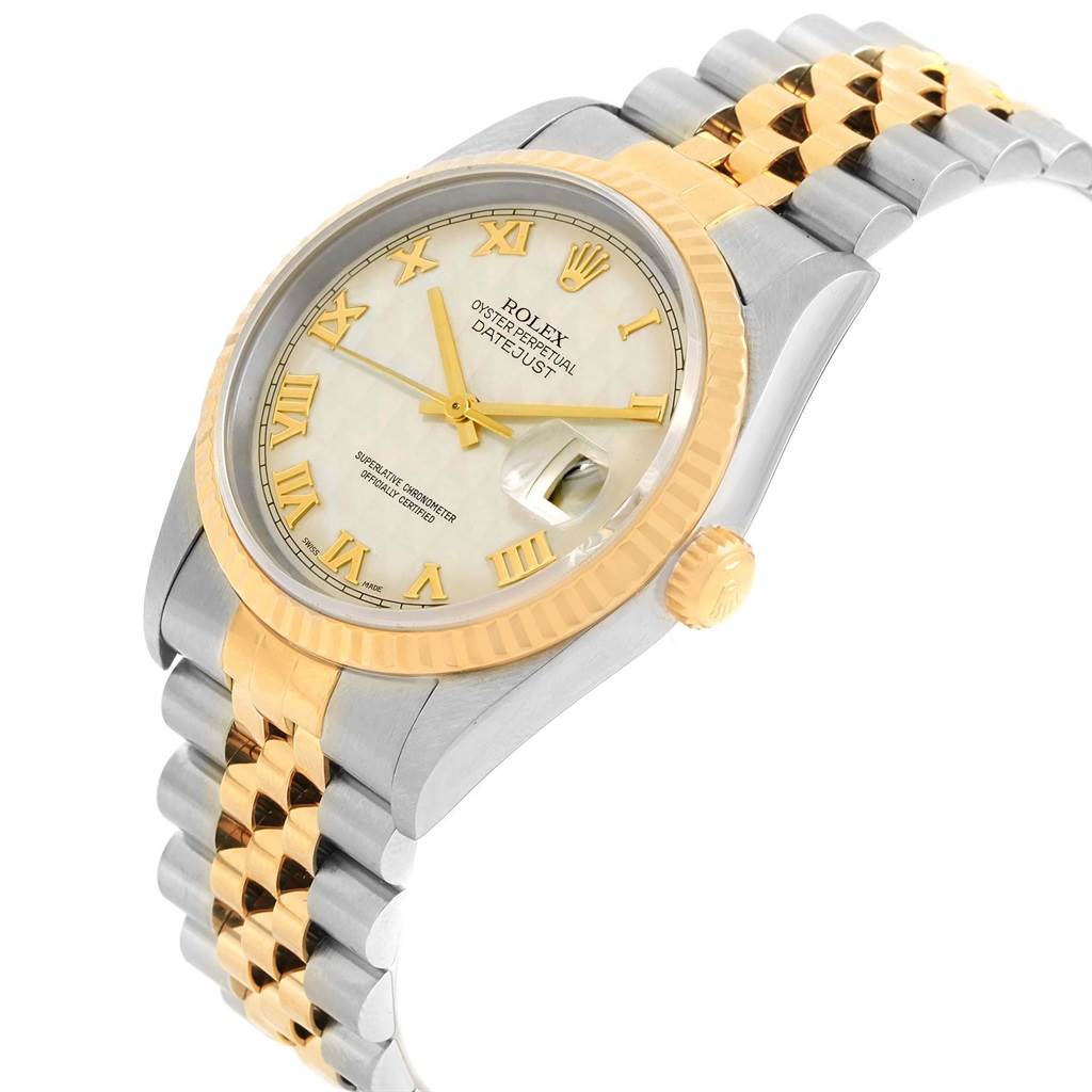 The Rolex Datejust 16233 Men's Steel and Gold (two tone) Beige Dial 16233 Men's Steel and Gold (two tone) Beige Dial watch is shown at an angle highlighting its dial, bezel, crown, and two-tone jubilee bracelet.