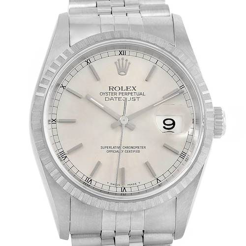 The image shows a frontal view of a Rolex Datejust watch, highlighting the face, bezel, crown, and bracelet.