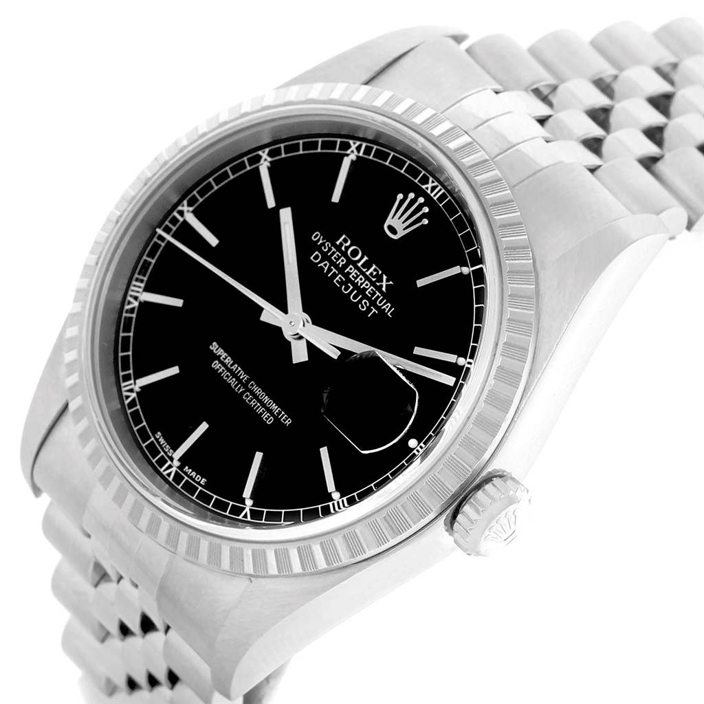This image shows a Rolex Datejust 16220 Men
s Stainless Steel Black Dial 16220 Men
s Stainless Steel Black Dial watch at an angled view, highlighting the face, bezel, crown, and part of the bracelet.
