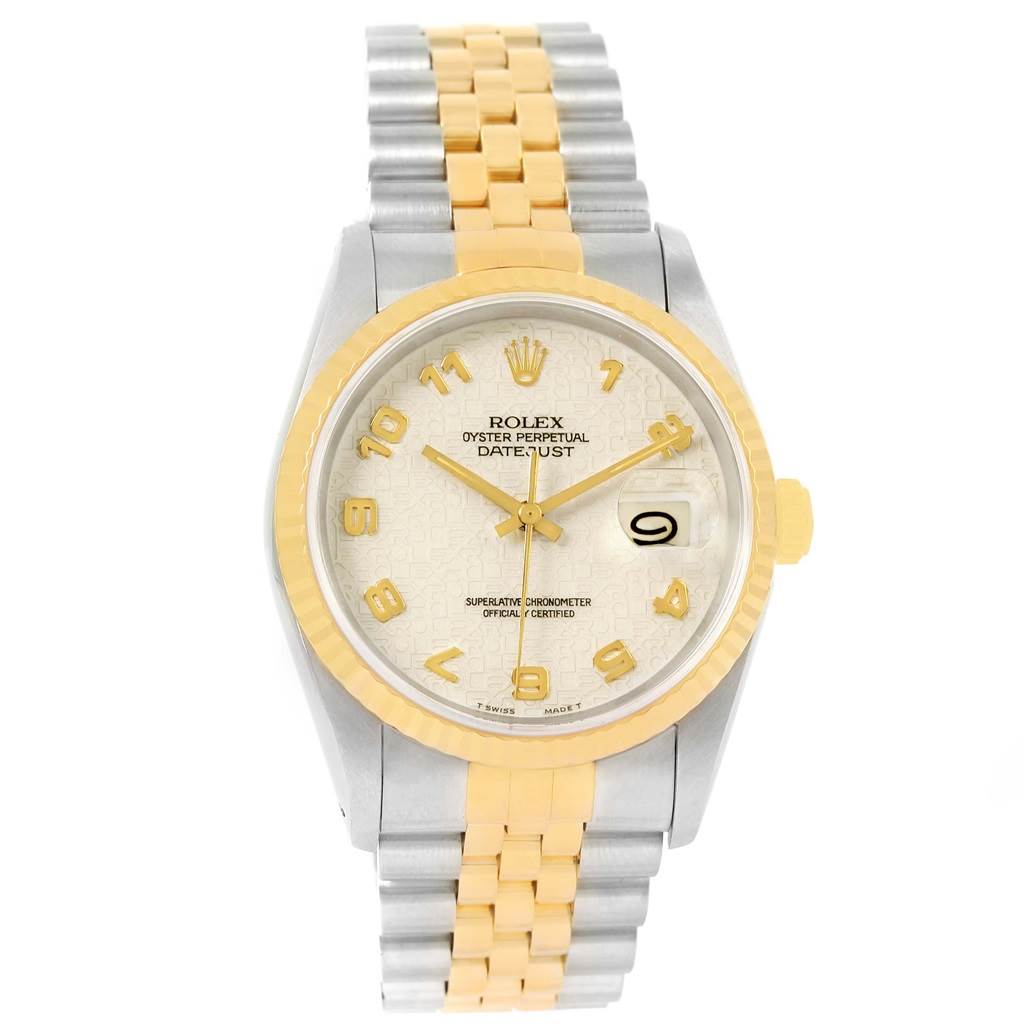 This image shows a Rolex Datejust 16233 Men
s Steel and Gold (two tone) Beige Dial 16233 Men
s Steel and Gold (two tone) Beige Dial watch from a front angle, displaying the face, bezel, and two-tone bracelet.