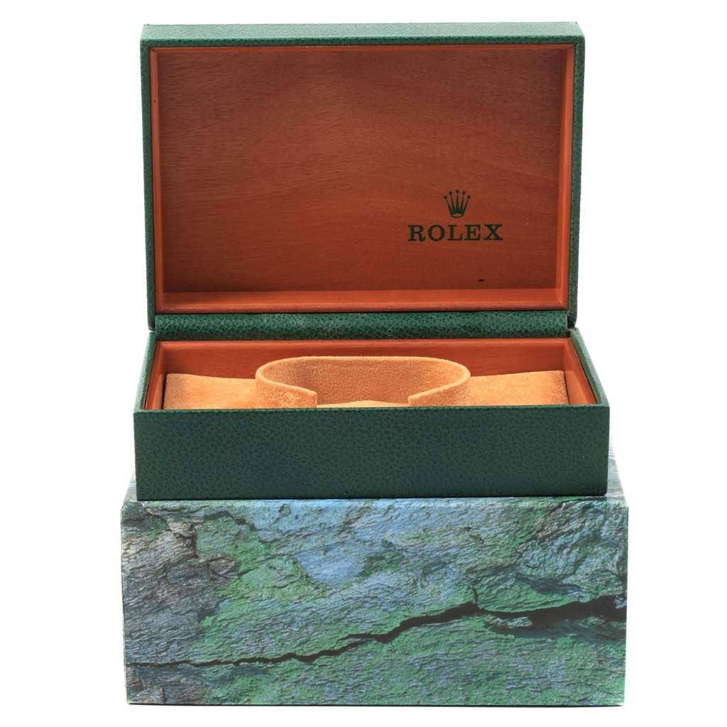 This image shows an open Rolex Datejust 16233 Men
s Steel and Gold (two tone) Beige Dial 16233 Men
s Steel and Gold (two tone) Beige Dial watch box from a front angle, revealing the interior and watch cushion.