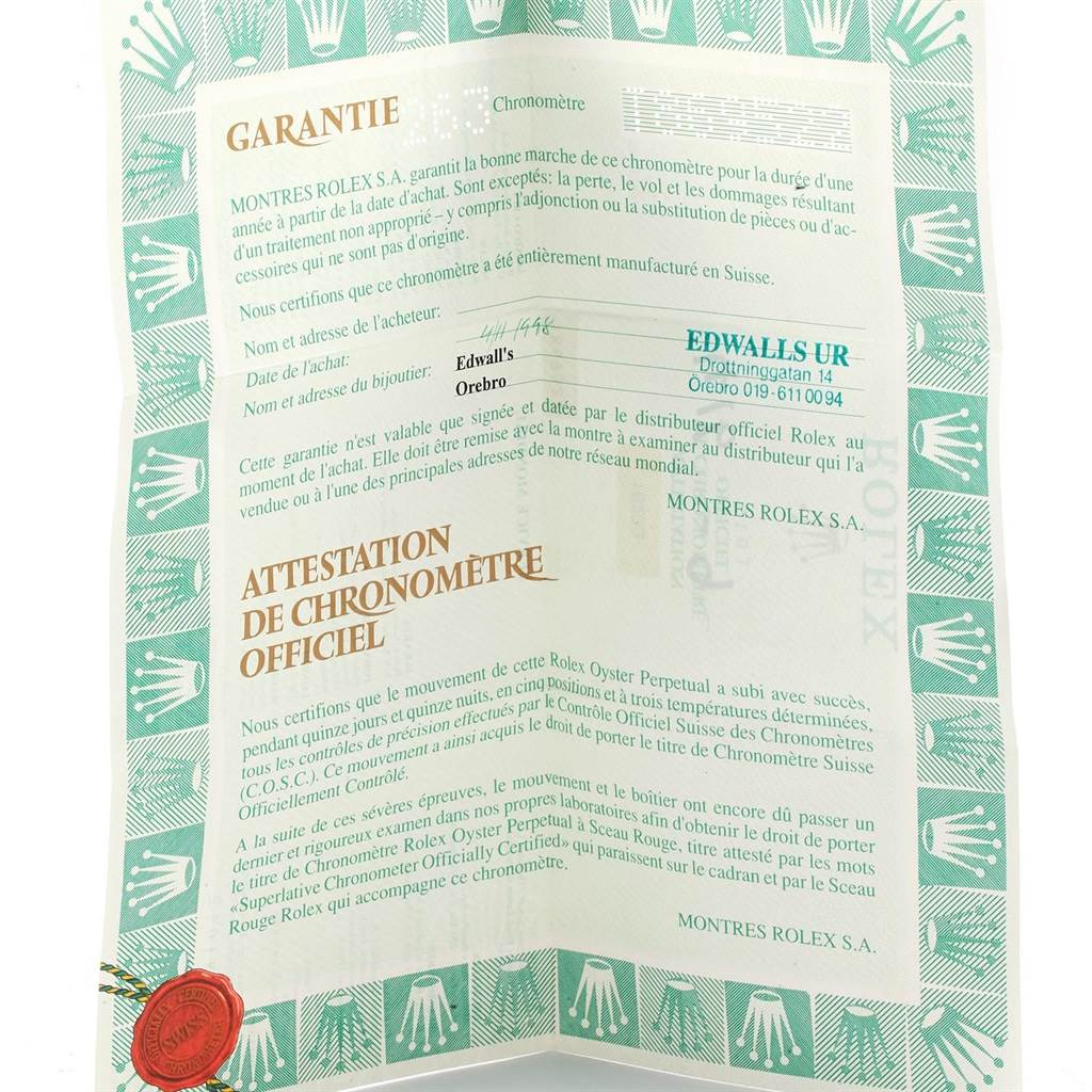 The image shows an official Rolex warranty and chronometer certification related to the Rolex Datejust 16233 Men's Steel and Gold (two tone) Silver Dial 16233 Men's Steel and Gold (two tone) Silver Dial model.