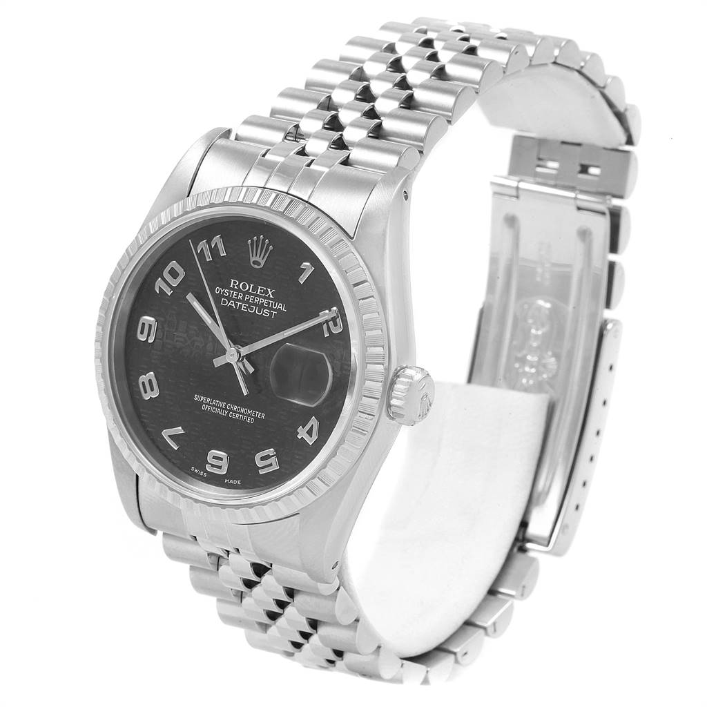 The image shows a Rolex Datejust 16220 Men's Stainless Steel Grey Dial 16220 Men's Stainless Steel Grey Dial watch angled to display its face, bezel, crown, and part of its jubilee bracelet.