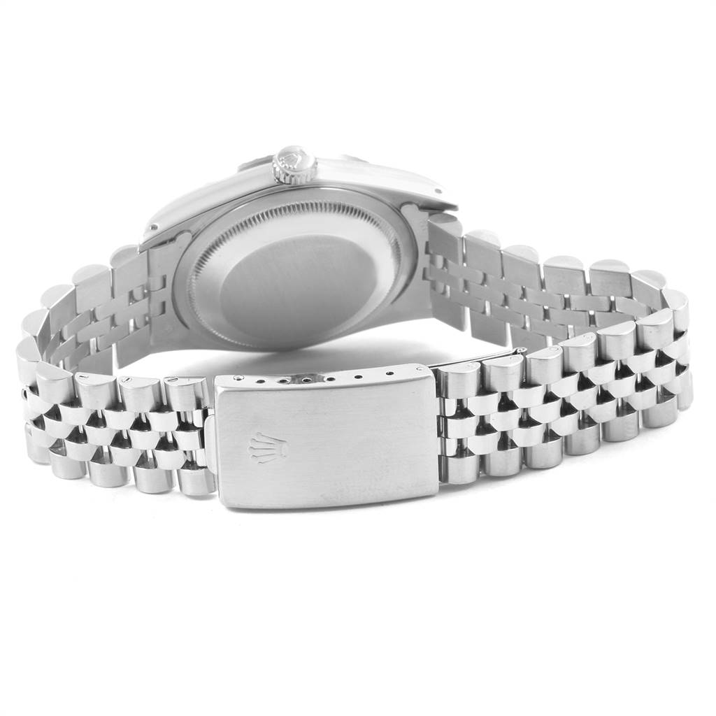 The image shows the back view of a Rolex Datejust 16220 Men's Stainless Steel Grey Dial 16220 Men's Stainless Steel Grey Dial watch, featuring the case back and the bracelet with the clasp.