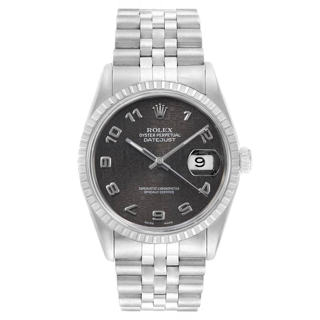 This image shows a front view of the Rolex Datejust 16220 Men's Stainless Steel Grey Dial 16220 Men's Stainless Steel Grey Dial watch, displaying its dial, bezel, crown, and bracelet.