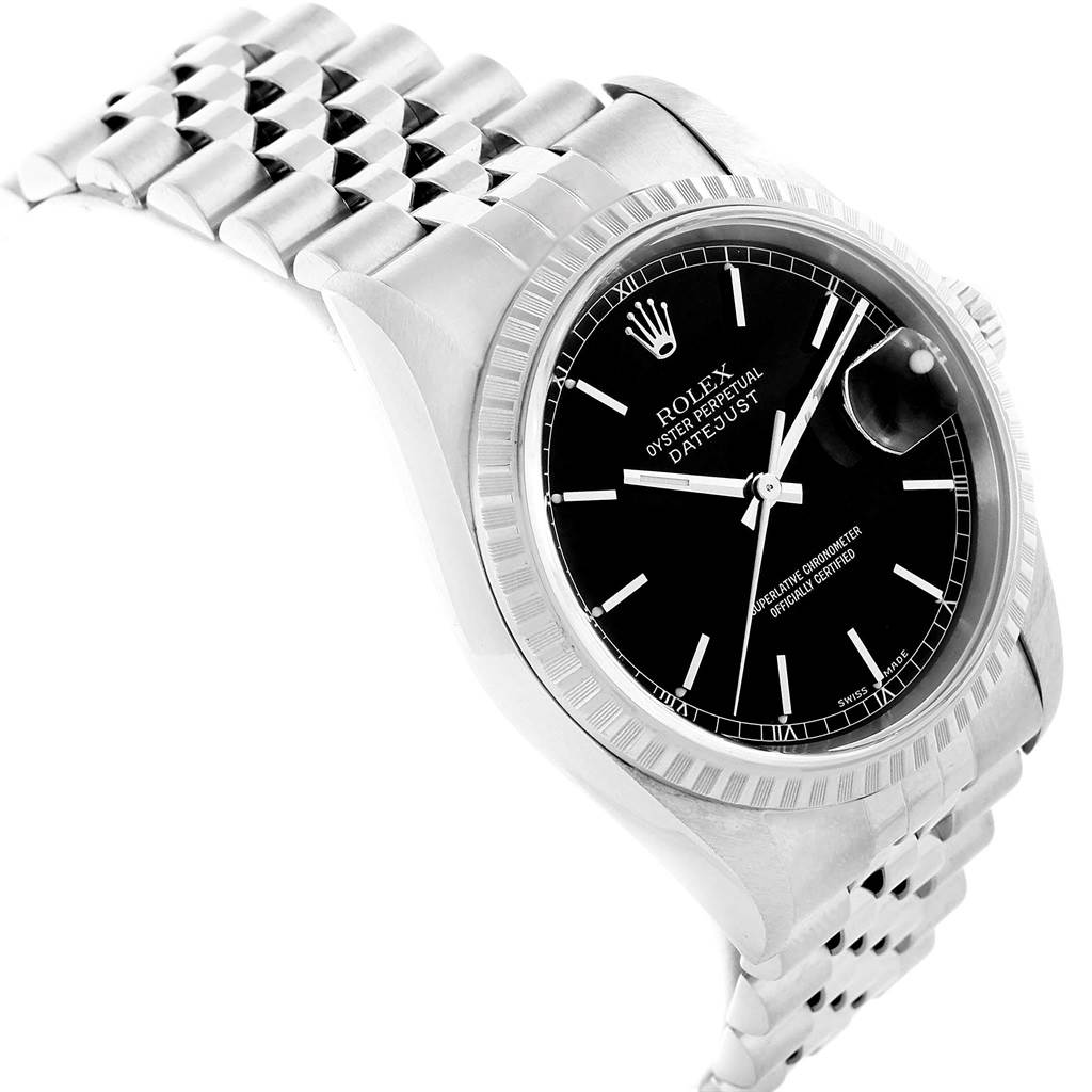 This image shows a Rolex Datejust 16220 Men
s Stainless Steel Black Dial 16220 Men
s Stainless Steel Black Dial watch angled from the front-left, highlighting its dial, bezel, and bracelet.