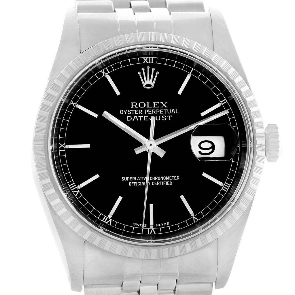 This image shows a front view of the Rolex Datejust 16220 Men
s Stainless Steel Black Dial 16220 Men
s Stainless Steel Black Dial watch, displaying the dial, hour markers, hands, and date window.