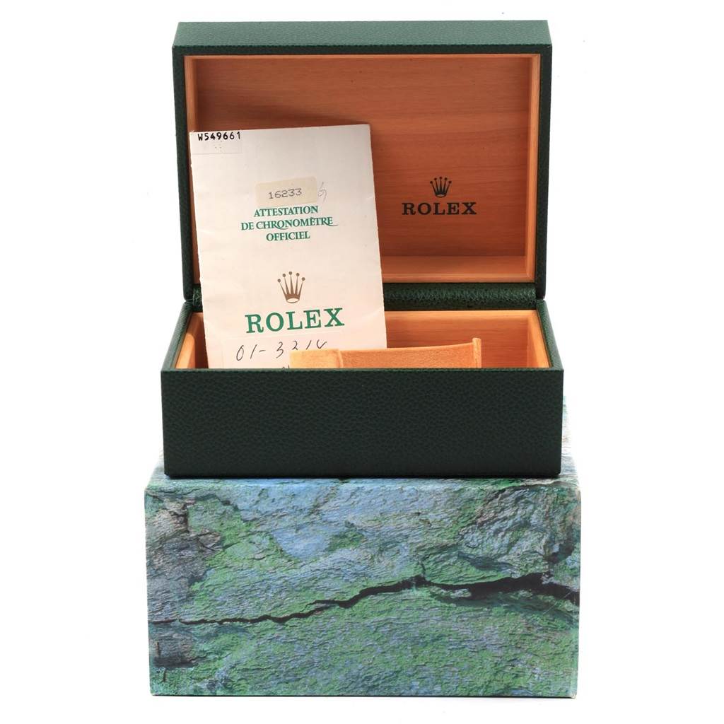 A Rolex Datejust 16233 Men's Steel and Gold (two tone) Champagne Dial 16233 Men's Steel and Gold (two tone) Champagne Dial box is shown open with an official chronometer certification document inside.