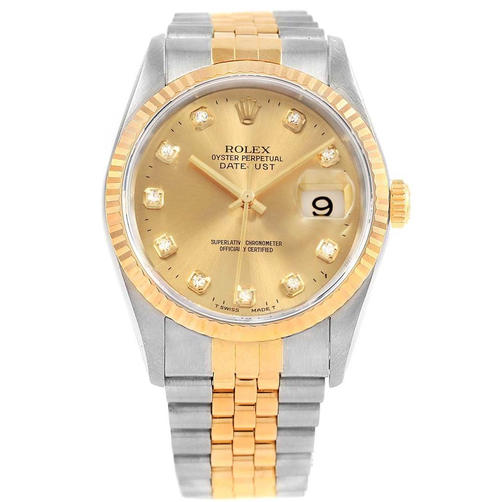 This image shows a front view of the Rolex Datejust 16233 Men's Steel and Gold (two tone) Champagne Dial 16233 Men's Steel and Gold (two tone) Champagne Dial watch featuring a gold dial, diamond markers, and a two-tone bracelet.