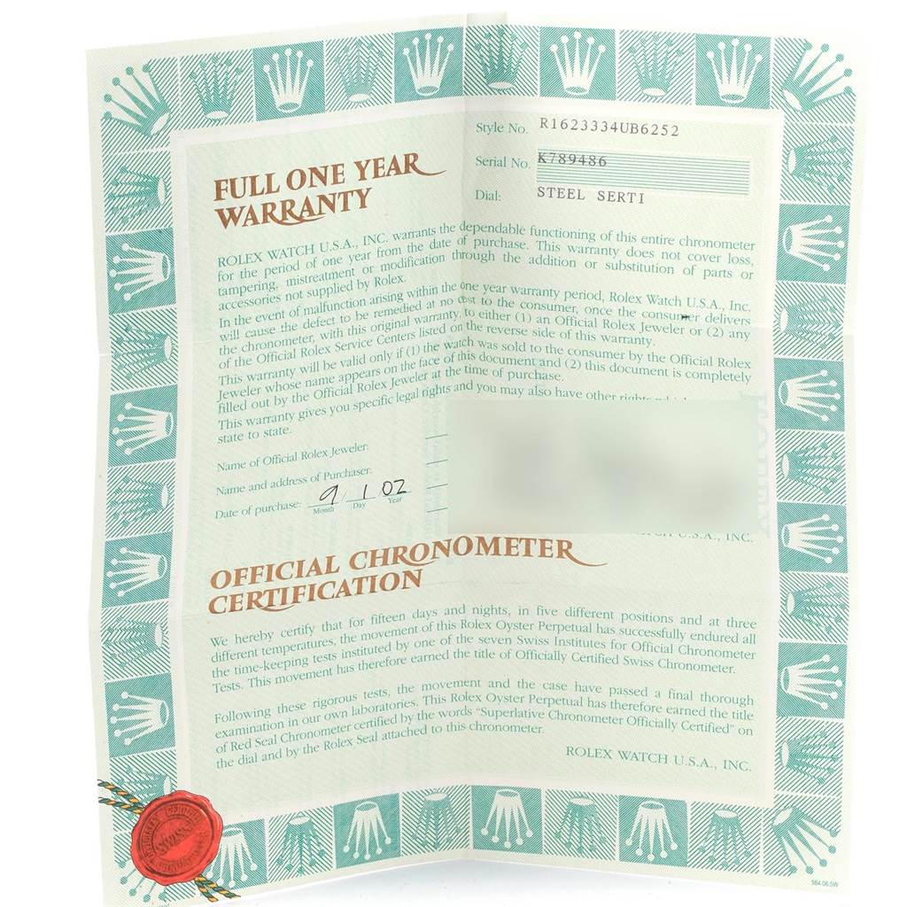 The image shows the warranty and certification card for a Rolex Datejust 16233 Men's Steel and Gold (two tone) Silver Dial 16233 Men's Steel and Gold (two tone) Silver Dial watch.