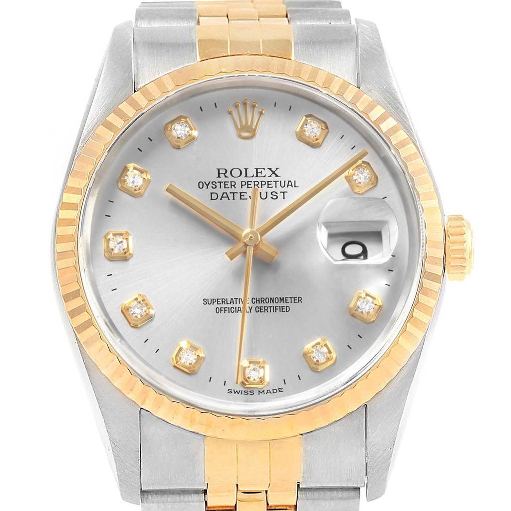 This image shows a frontal view of a Rolex Datejust 16233 Men's Steel and Gold (two tone) Silver Dial 16233 Men's Steel and Gold (two tone) Silver Dial watch, highlighting its face, dial, bezel, and part of the bracelet.