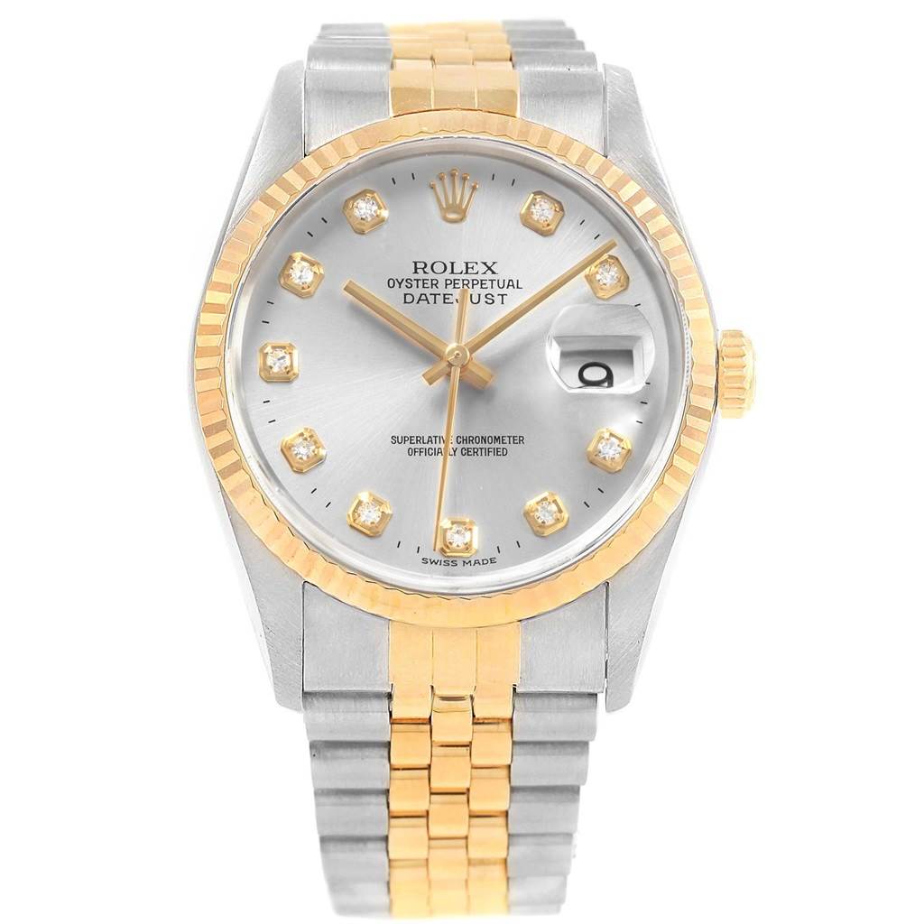 The image shows a front view of the Rolex Datejust 16233 Men's Steel and Gold (two tone) Silver Dial 16233 Men's Steel and Gold (two tone) Silver Dial watch, highlighting the dial, bezel, hands, and bracelet.