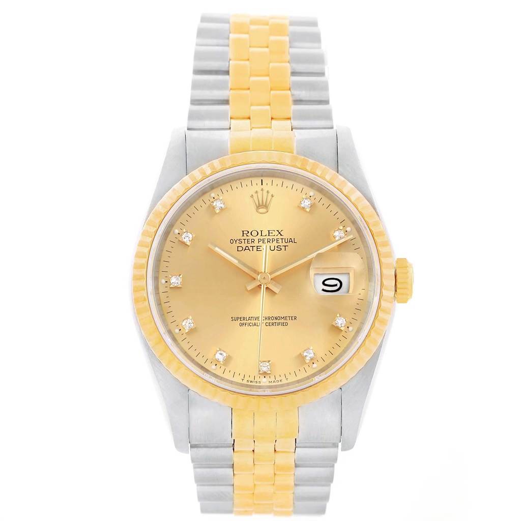 The image shows a Rolex Datejust 16013 Men's Stainless Steel Champagne Dial 16013 Men's Stainless Steel Champagne Dial watch from the front, with a gold dial, fluted bezel, and a two-tone bracelet.