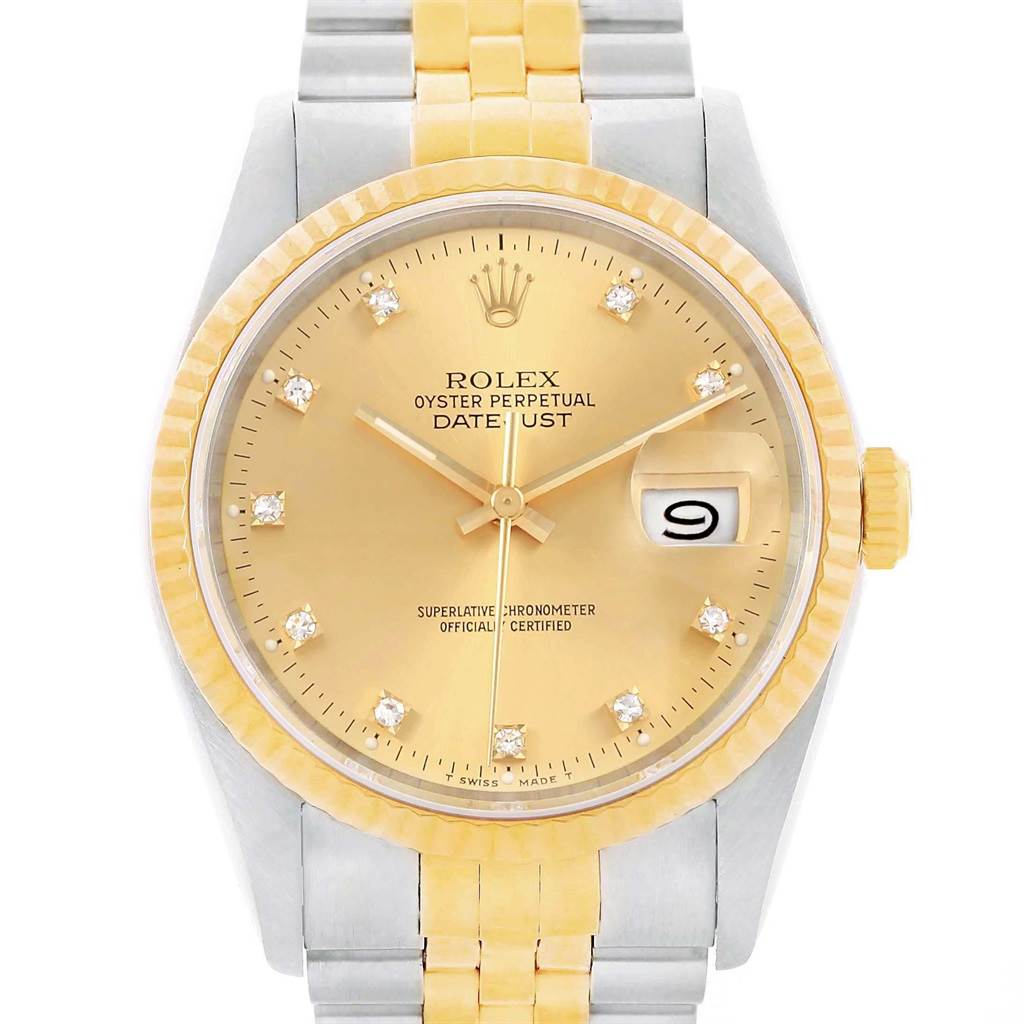 This image shows a Rolex Datejust 16013 Men's Stainless Steel Champagne Dial 16013 Men's Stainless Steel Champagne Dial watch from a front angle, displaying the dial, bezel, crown, and part of the bracelet.