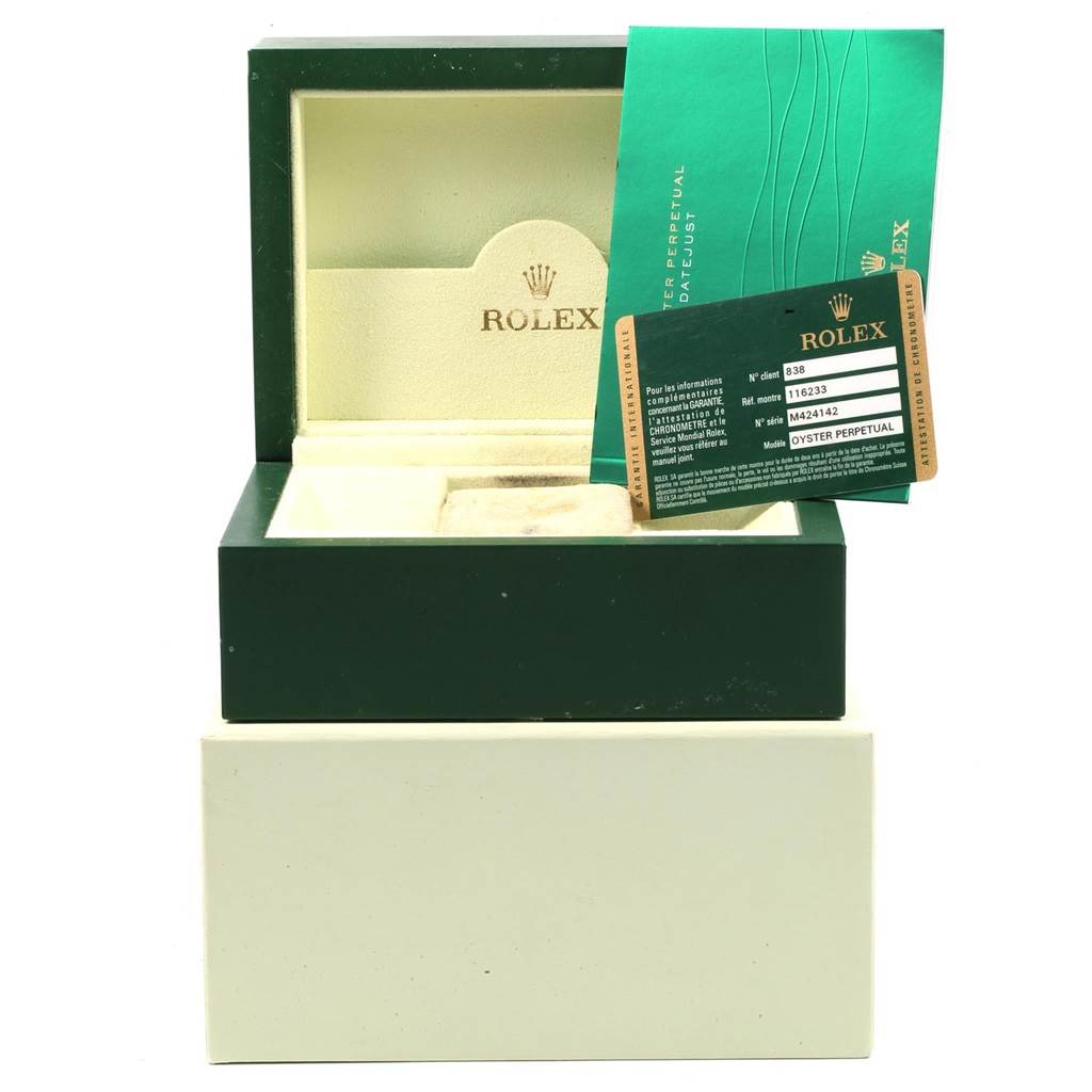 The image shows a Rolex Datejust 116233 Men's Stainless Steel Silver Dial 116233 Men's Stainless Steel Silver Dial watch box, authenticity card, and documents from a front angle.