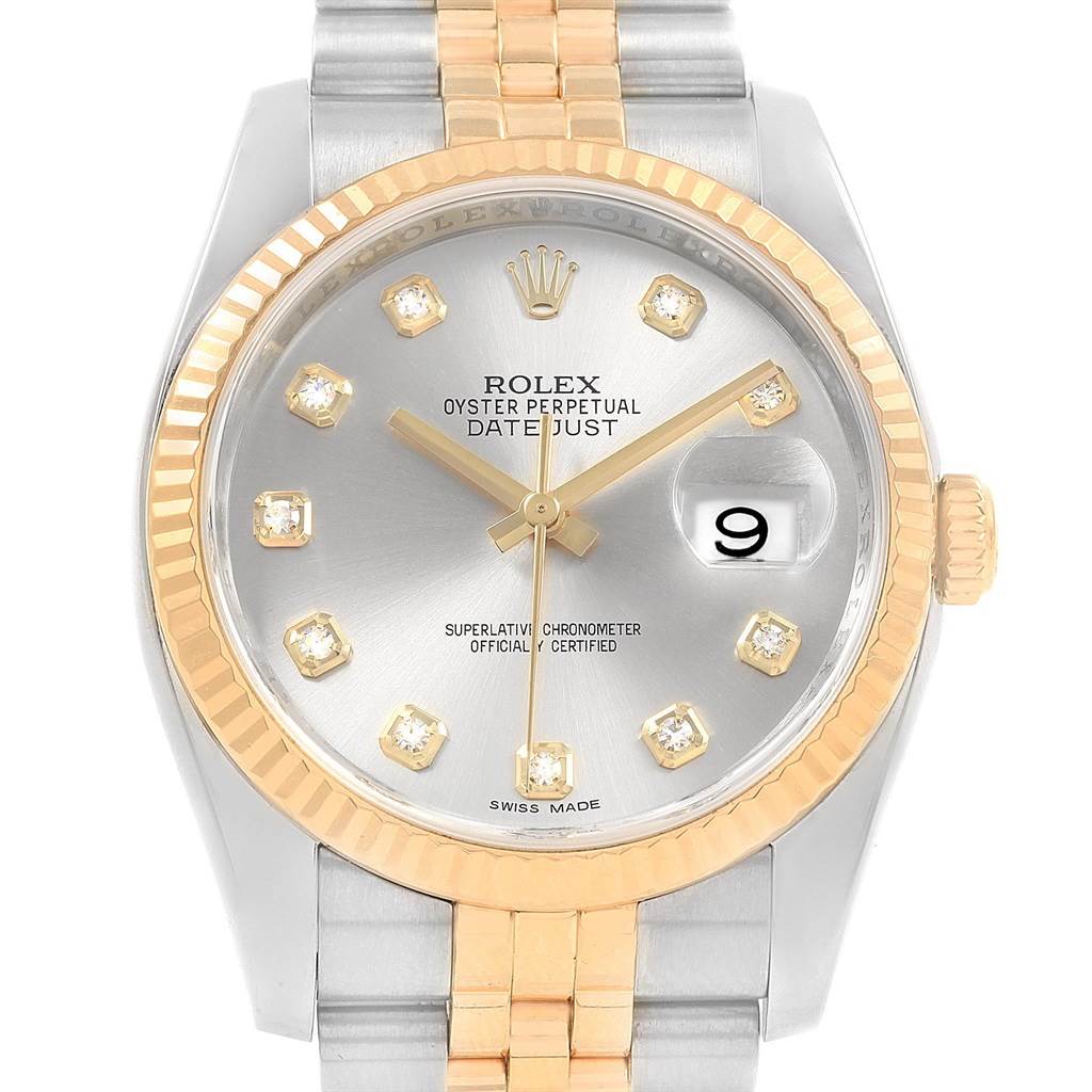 This image shows the front view of a Rolex Datejust 116233 Men's Stainless Steel Silver Dial 116233 Men's Stainless Steel Silver Dial watch featuring a silver dial with gold accents and a date display.