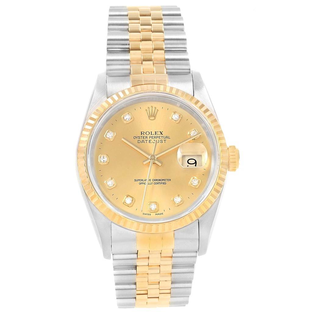 This image shows a frontal view of the Rolex Datejust 16233 Men's Steel and Gold (two tone) Champagne Dial 16233 Men's Steel and Gold (two tone) Champagne Dial watch, displaying its dial, bezel, and bracelet.