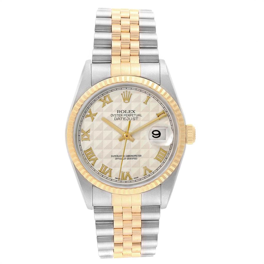 The Rolex Datejust 16233 Men
s Steel and Gold (two tone) Beige Dial 16233 Men
s Steel and Gold (two tone) Beige Dial watch is displayed from a straight-on angle, showing the full face and two-tone bracelet.