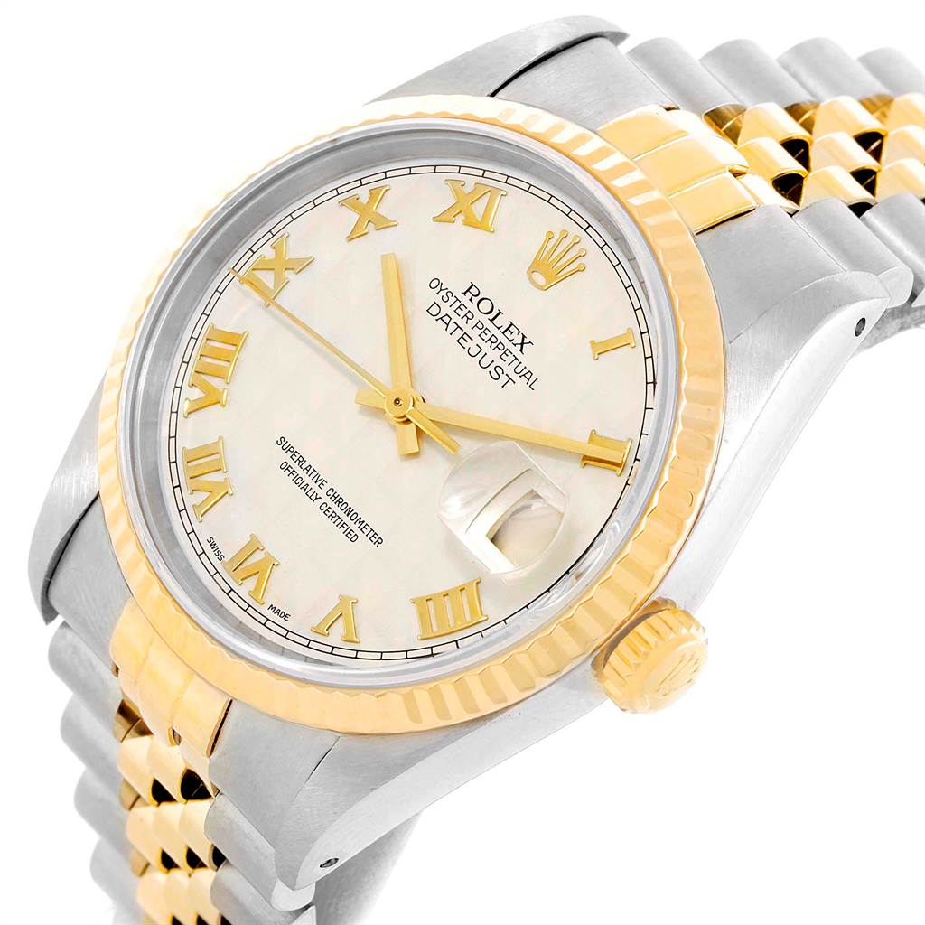 The Rolex Datejust 16233 Men
s Steel and Gold (two tone) Beige Dial 16233 Men
s Steel and Gold (two tone) Beige Dial watch is shown at an angled close-up, displaying its dial, fluted bezel, crown, and part of the jubilee bracelet.